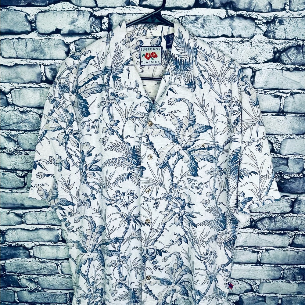 Vintage Bugle Boy Co Hawaiian Shirt Men Large Cotton Button Short Sleeve  Gray